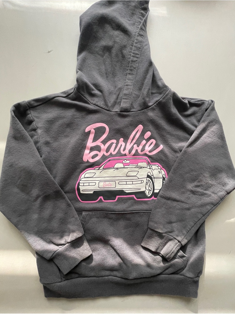 Girls Barbie Gray Pullover Hoodie with Pink Graphic Car